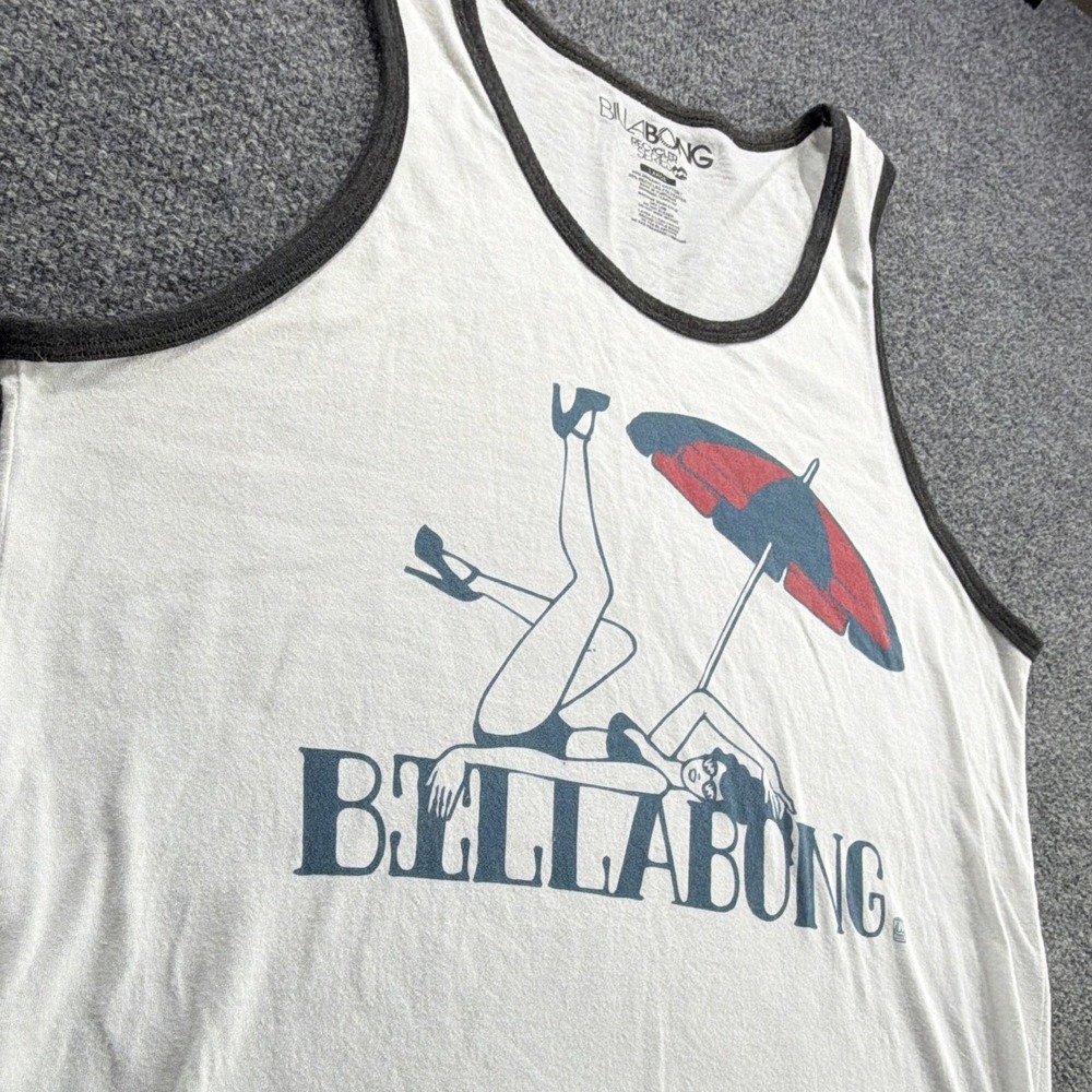 Billabong Men's L Graphic Tank Top White Surf Beach Bikini Lady Retro Sleeveless